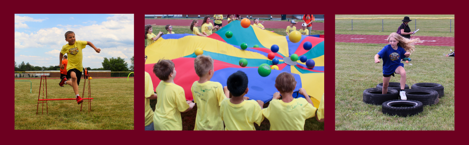 A montage of photos of Fort Plain Elementary students playing games outside on the school fields during the annual field day.
