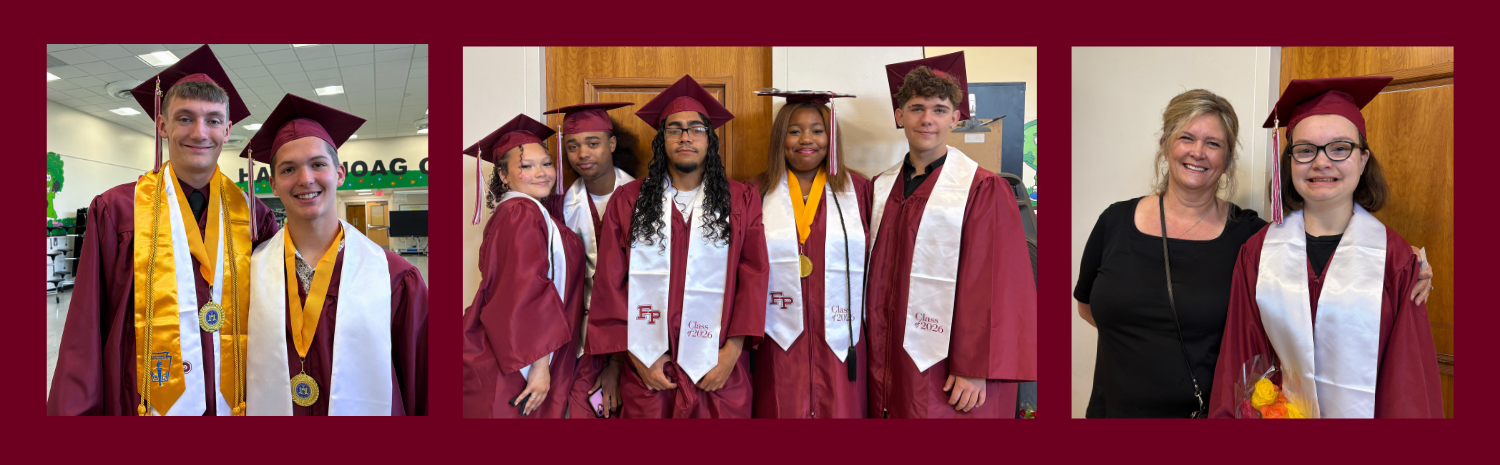 A montage of photos of Fort Plain Class of 2026 posing for photos in dark red caps and gowns before their graduation ceremony.