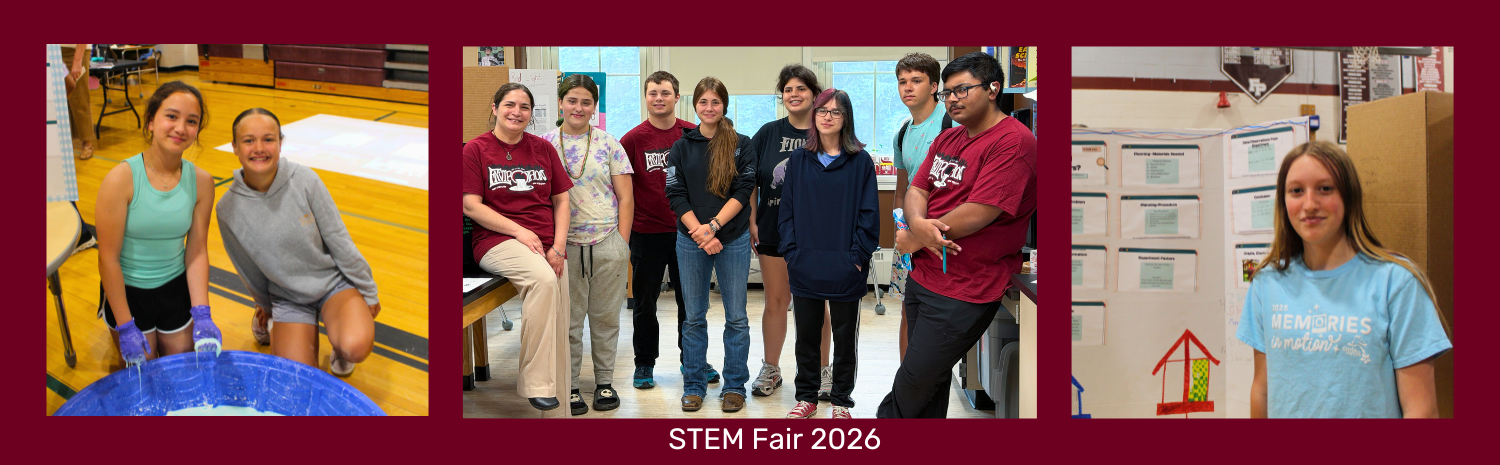 A montage of photos of Fort Plain elementary and jr/sr high school students with their presentations during the annual school STEM fairs.