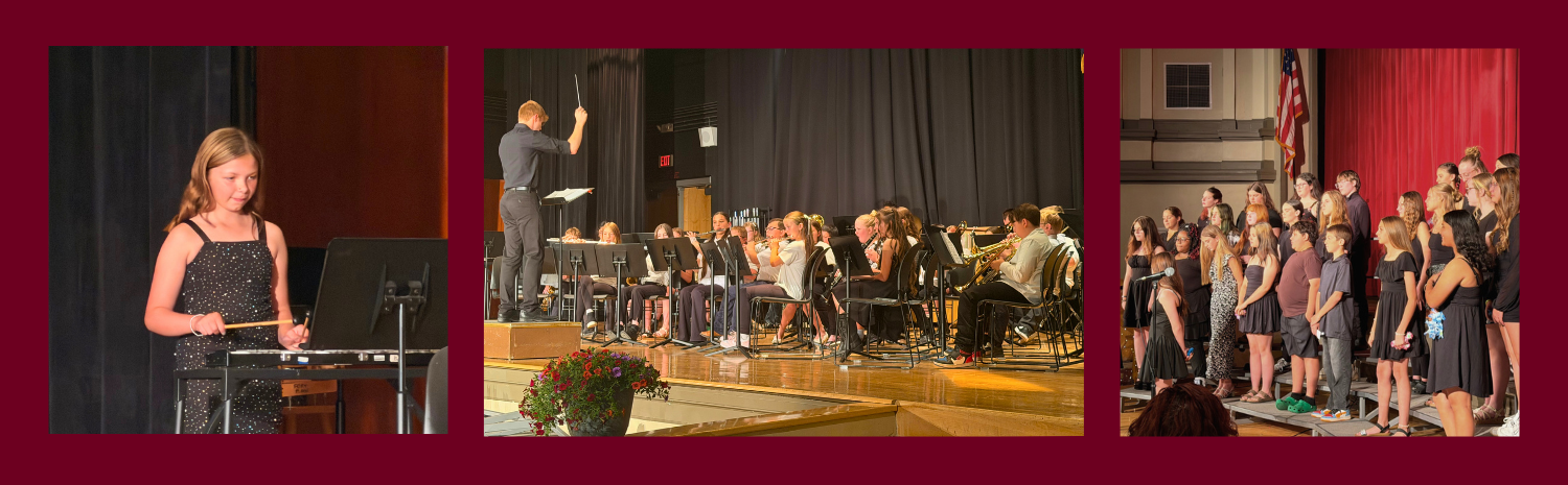 A montage of photos of Fort Plain Elementary and Jr/Sr High school students performing in the spring concert onstage at the high school.