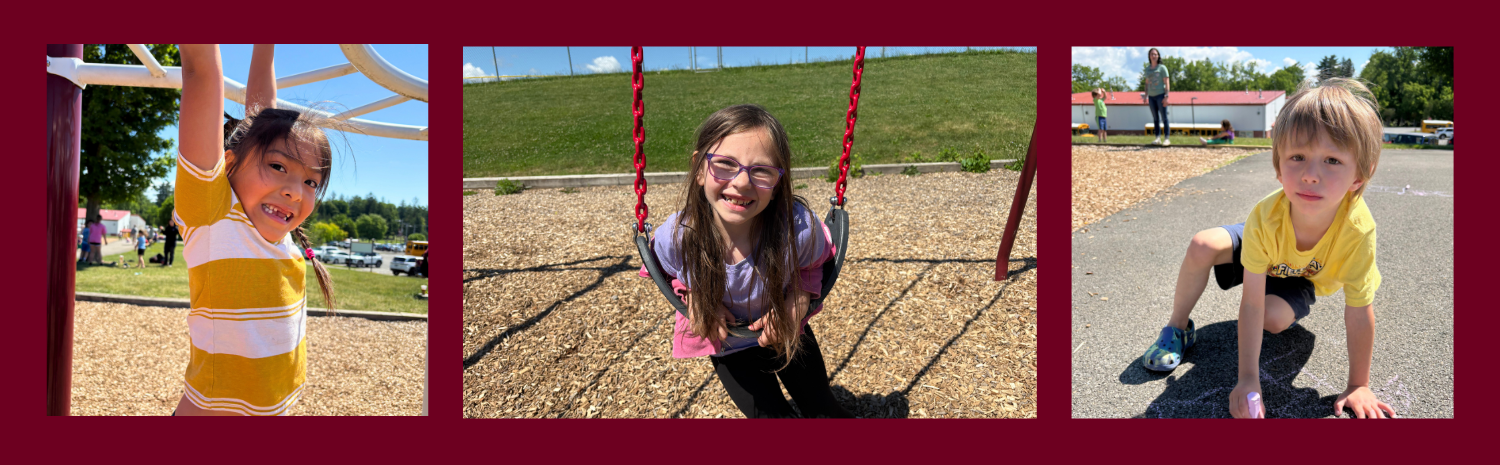 A montage of photos of Fort Plain Elementary students playing games outside on the school playground on a sunny day.