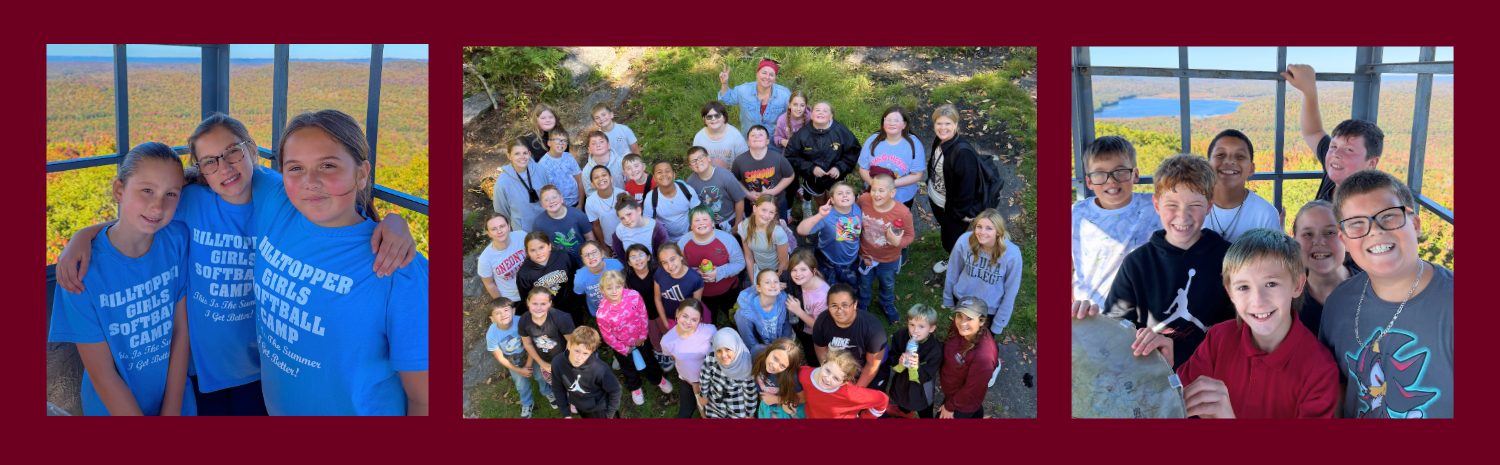 A montage of photos of smiling Fort Plain Elementary students in various settings on during their annual hike at Kane Mountain.